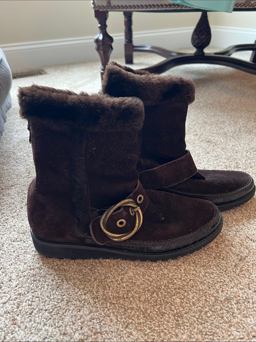 Stuart Weitzman Dark Brown Suede Fur-Trim Winter Boots with Buckle
